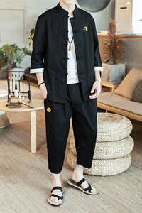 2021夏季中国风男装棉麻七分袖衬衫大码刺绣休闲裤套装TZ073/P100图片