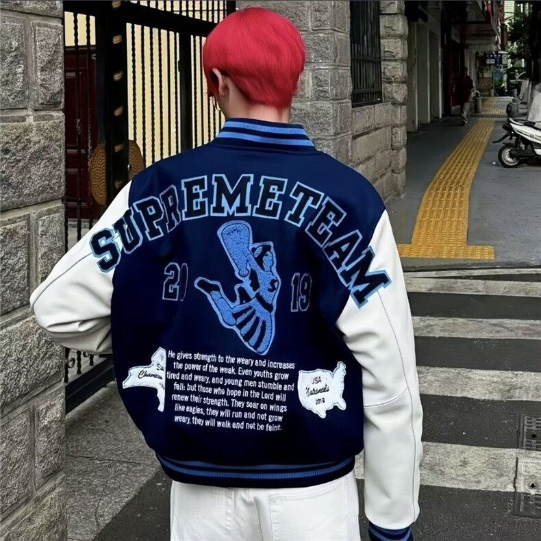 W500-P75春秋新款龙凤尼拼皮袖毛巾绣休闲棒球服夹克外套男女,男装夹克,星座911-1