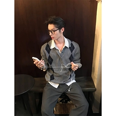网图有货菱格针织Polo衫提花毛衣miu系长袖外套男女A1057-P58，男装针织衫/毛衣，星座1505