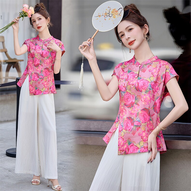 新中式国风套装女2025夏新款大方得体贵气感御姐阔腿裤穿搭两件套，女装套装/套裙，韩宇舍
