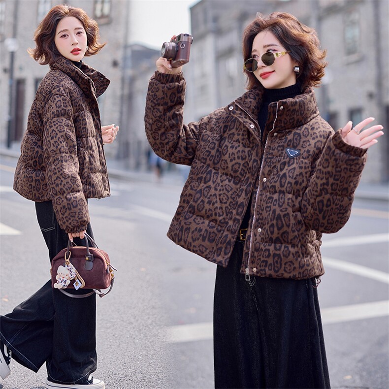 时尚豹纹立领短款羽绒服女2025冬季新款美式炸街高级感白鸭绒外套，女装羽绒服，慧尚依恋