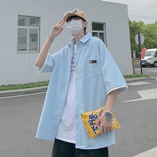 冰丝短袖衬衫男宽松假两件上衣ins港风夏季薄款衬衣外套CS065-P30，男装衬衫，星座308B-1