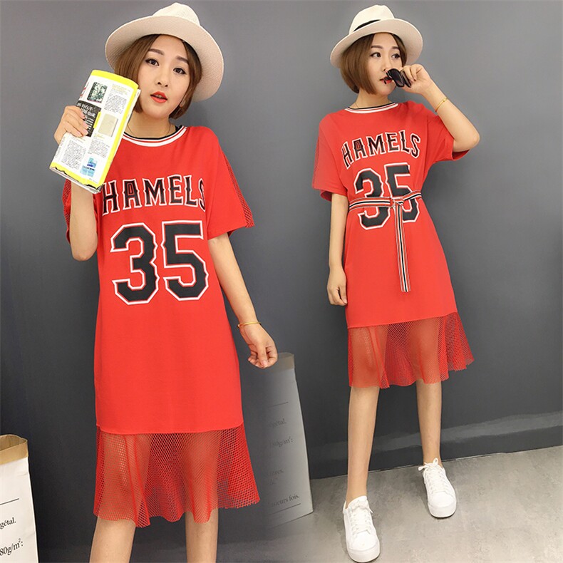 纱网印花圆领字母数字T恤2021年夏季短袖中长款男友风时尚百搭休闲，女装T恤，诗贝淇