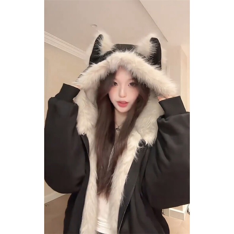 A2350P99-秋冬鹿皮绒座山雕连帽猫耳朵男女情侣装棉服外套,男装棉衣,电商B241