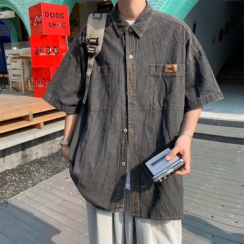 衬衫五分袖翻领青春流行牛仔布潮流文艺日常衬衫E715P46,男装衬衫,星座1116-2