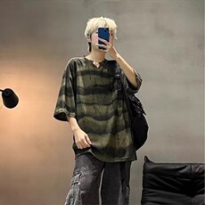 设计感v领条纹破洞t恤男款夏季短袖美式高街痞帅古着vintage衣服，男装T恤，星座506A
