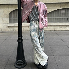 美式水洗数码印花设计微喇牛仔裤男高级感复古宽松休闲阔腿裤子潮，男装牛仔裤，星座813-3
