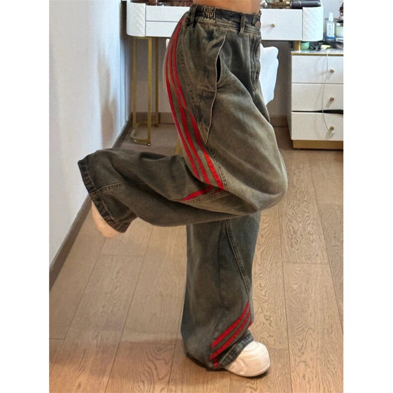 【有货】红色三条杠条纹牛仔裤男宽松直筒阔腿裤子G8512LL-特P55图片