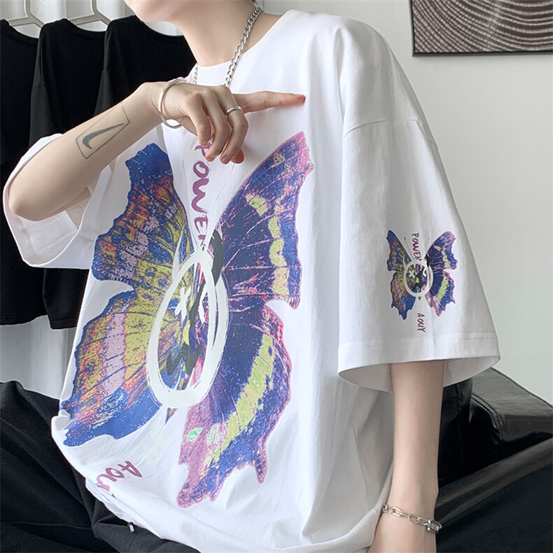 美式嘻哈恶魔蝴蝶涂鸦印花短袖T恤情侣大码半袖体恤衫T557-P28图片