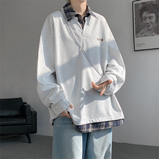 现货WY10109-特批40加绒特p48撞色拼接假两件衬衫领男大码卫衣，男装衬衫，电商A059