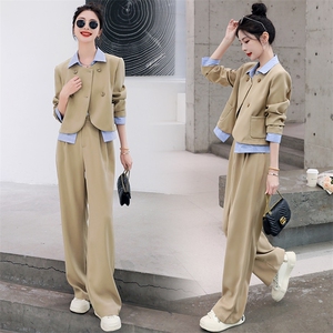假两件西装外套女2023春新款时尚撞色设计感轻熟风西装外套阔腿裤图片