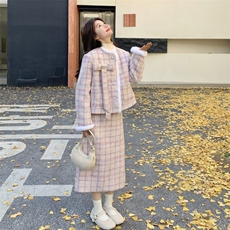 【】时尚潮流粉色格子蝴蝶结羽绒套装K06-P285-K428，女装套装/套裙，2C305