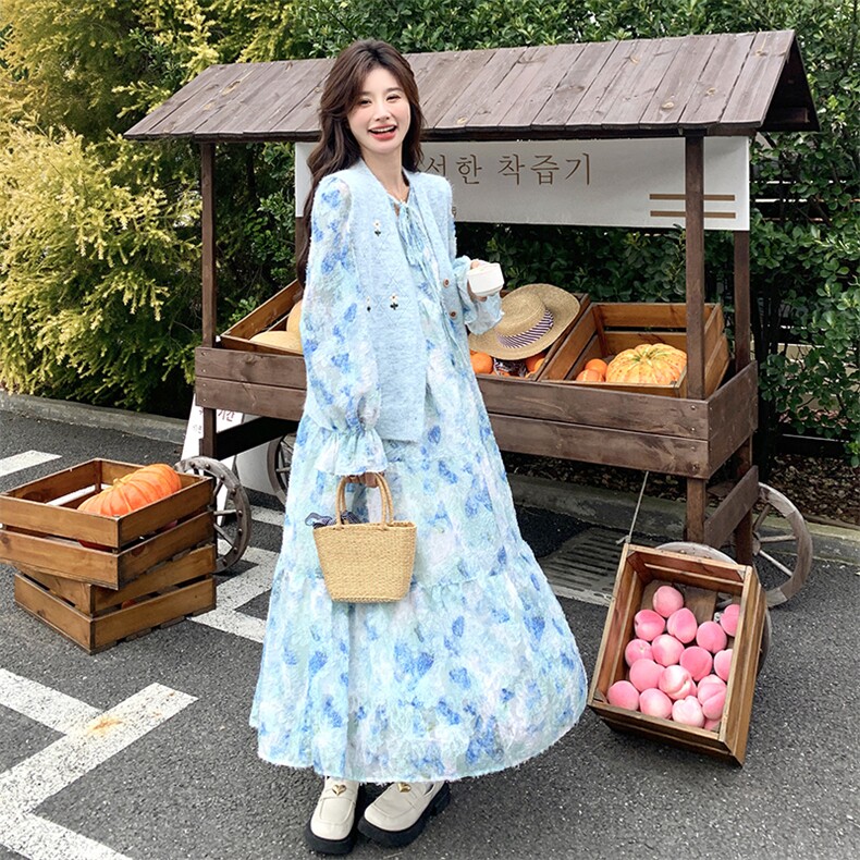 蓝色针织马甲碎花连衣裙女2025春季新款法式系带减龄长裙两件套,女装套装/套裙,2C232