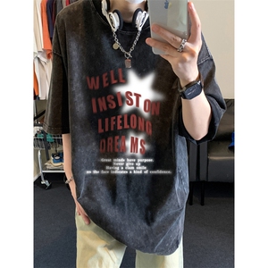 水洗做旧星星短袖t恤男夏季美式复古欧美高街潮牌hiphop重磅半袖图片