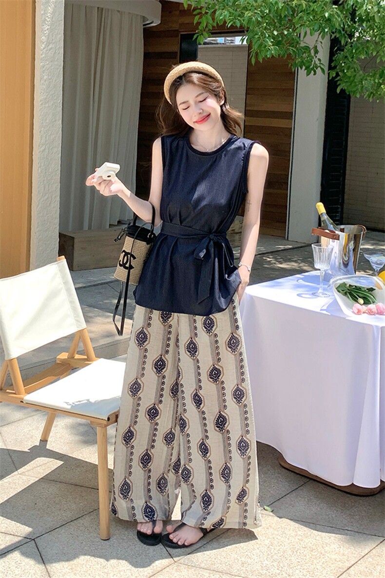 休闲牛仔背心碎花阔腿裤套装女夏2025新款又酷又飒穿搭两件套爆款,女装套装/套裙,2C022