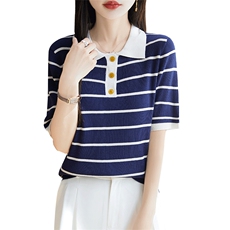POLO领条纹短袖t恤女夏季2025新款打底衫洋气特大码针织上衣，女装T恤，皓宇羊绒