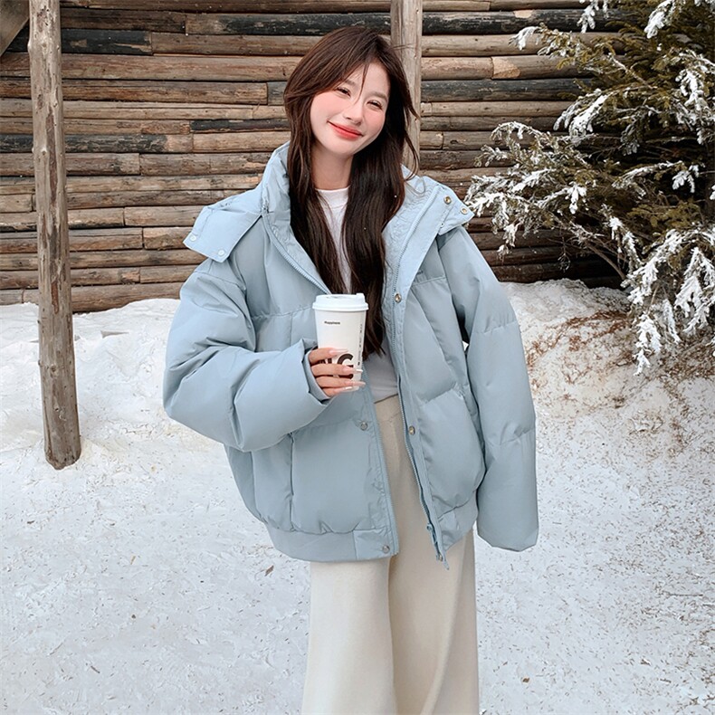 蓝色字母绣标连帽羽绒服女2025冬季新款90白鸭绒时尚小清新短外套,女装羽绒服,2B188
