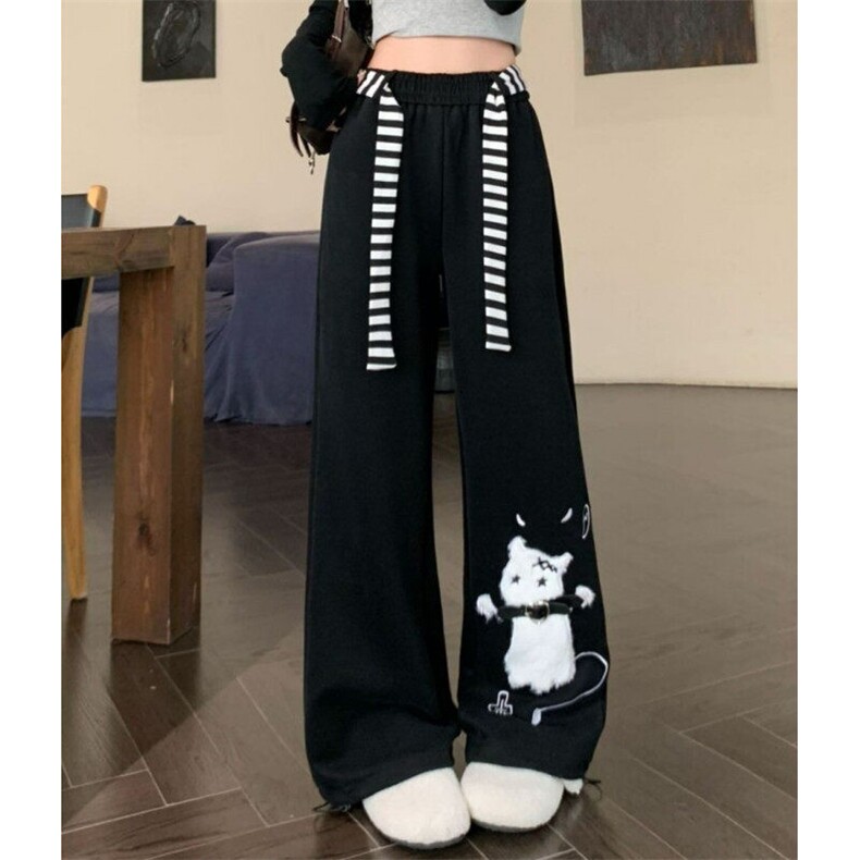大码美式可爱猫咪黑色休闲卫裤女春夏慵懒风垂感宽松阔腿裤K8017,男装休闲裤,星座1116A（原606A-3）