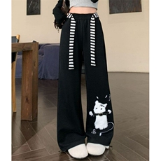 大码美式可爱猫咪黑色休闲卫裤女春夏慵懒风垂感宽松阔腿裤K8017，男装休闲裤，星座1116A（原606A-3）