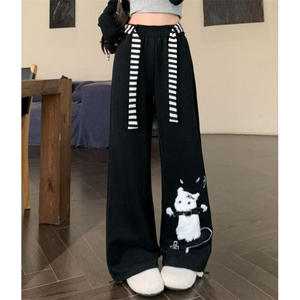 大码美式可爱猫咪黑色休闲卫裤女春夏慵懒风垂感宽松阔腿裤 K8017图片