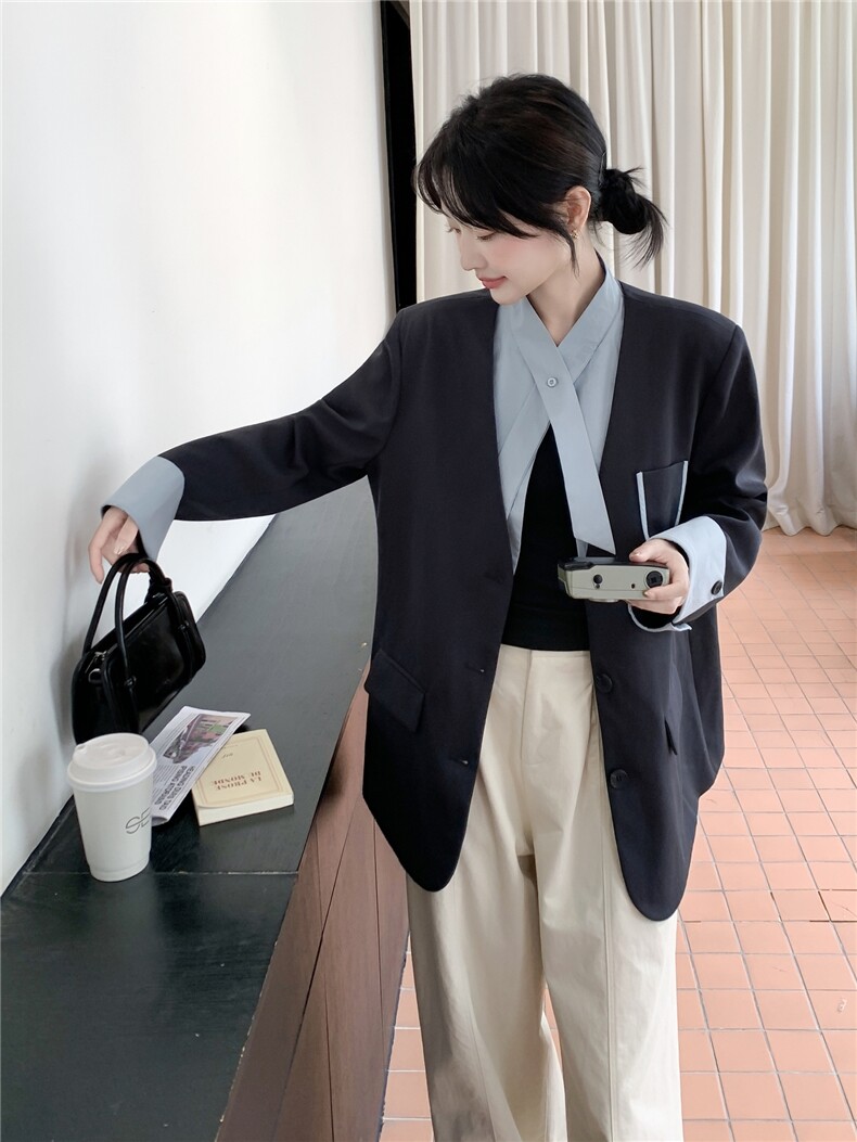 韩版韩系V领西服拼接单排扣西装学院风纽扣正装常规春秋气质长袖,女装西装,浙宝210（原浙宝191）