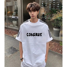 抖音得物高品质二开240克宽松纯棉美式潮牌三条杠织带短袖T恤，男装T恤，电商A486