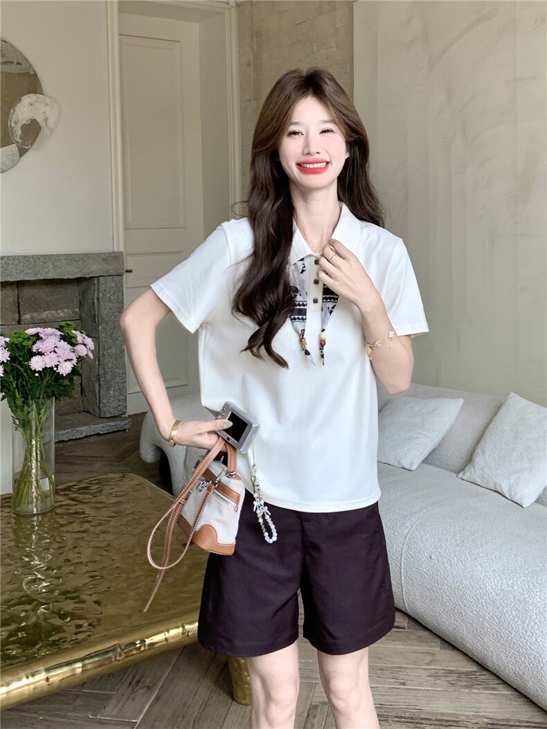 2026新款气质学院风撞色丝巾短袖衬衫套装女夏日2026新款两件套,女装套装/套裙,艾米莉亚