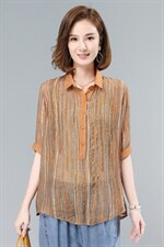 2021夏季新款气质翻领镶钻条纹短袖衬衫图片