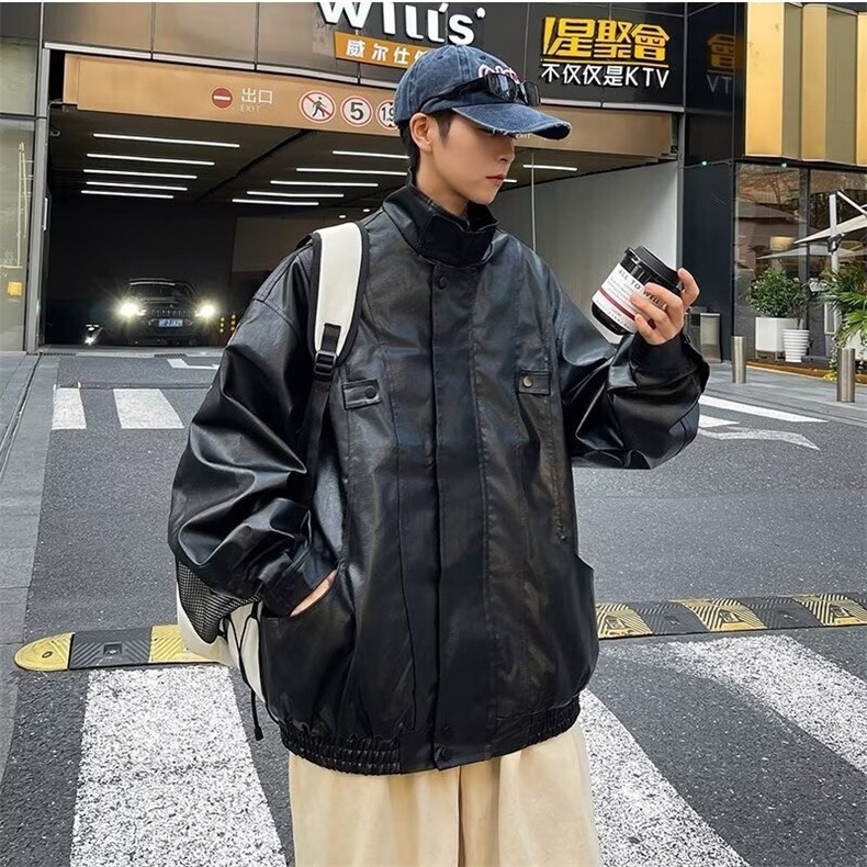 复古机车服皮衣美式多口袋夹克飞行员立领pu皮外套Y1021-P75网图图片