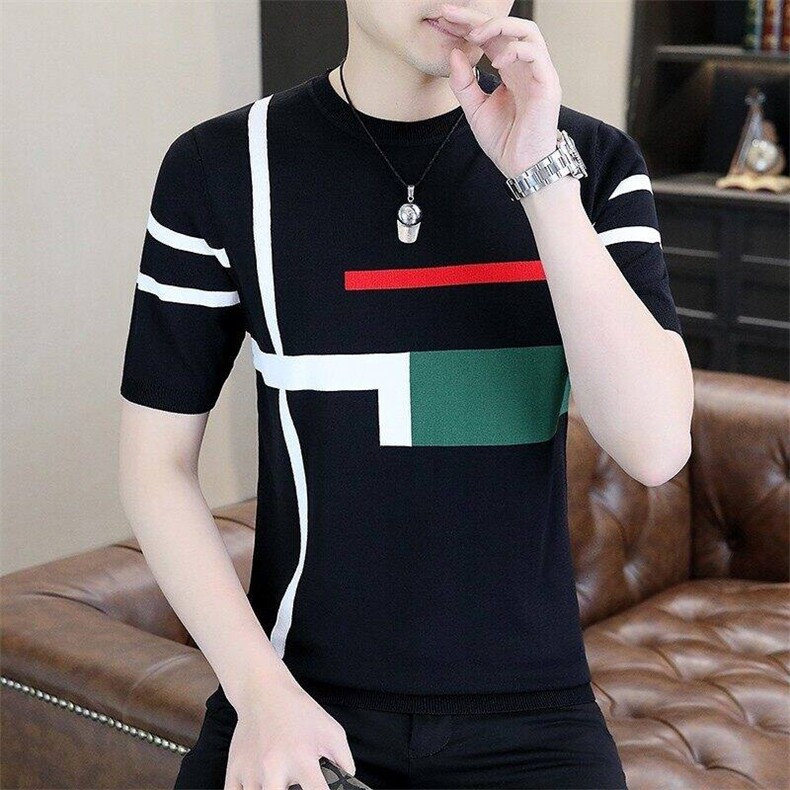 7389-P45夏季休闲时尚短袖毛衣男打底衫欧货潮牌针织衫,男装T恤,电商D310B-1