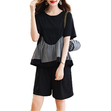 现货2023夏季新款圆领拼色宽松时尚显瘦套装两件套，女装套装/套裙，深水步