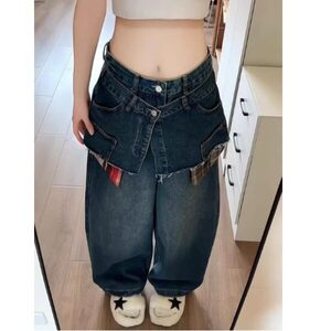 毛边拼接牛仔裤女设计感小众高级感2025新款高腰显瘦宽松阔腿裤潮,男装牛仔裤,星座506A