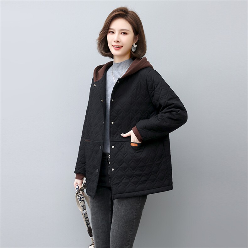 2024冬季拼接连帽时尚休闲夹棉加厚保暖舒适外套,女装棉衣/棉服,独衣靓