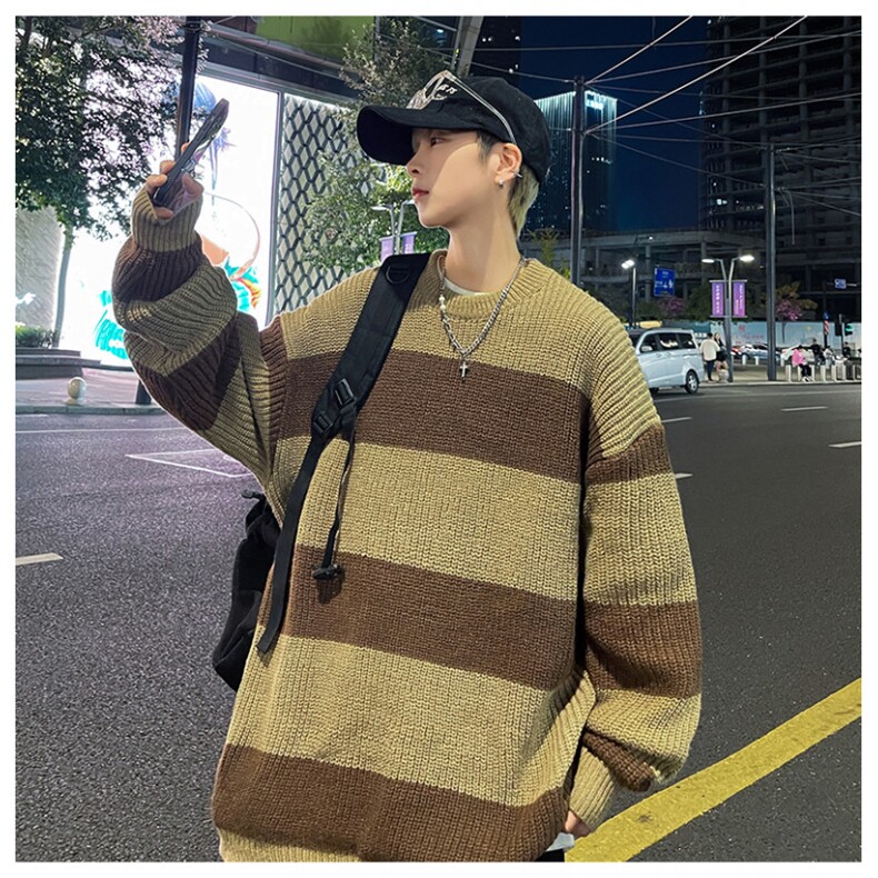 秋款男圆领套头毛衣条纹拼色宽松针织衫休闲外套M6007P45,男装针织衫/毛衣,星座1013-1