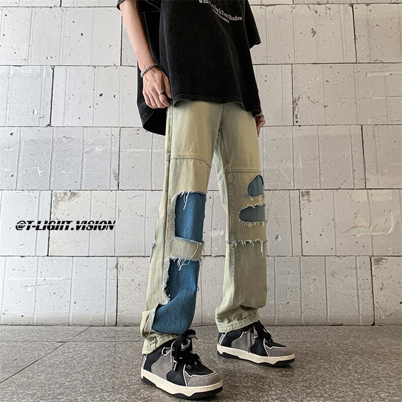 B221美式ins高街暗黑小众撞色破洞直筒牛仔裤LK23109-P65控88,男装牛仔裤,电商B221