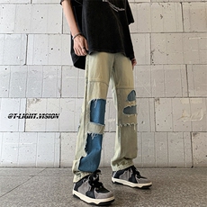 B221美式ins高街暗黑小众撞色破洞直筒牛仔裤LK23109-P65控88，男装牛仔裤，电商B221