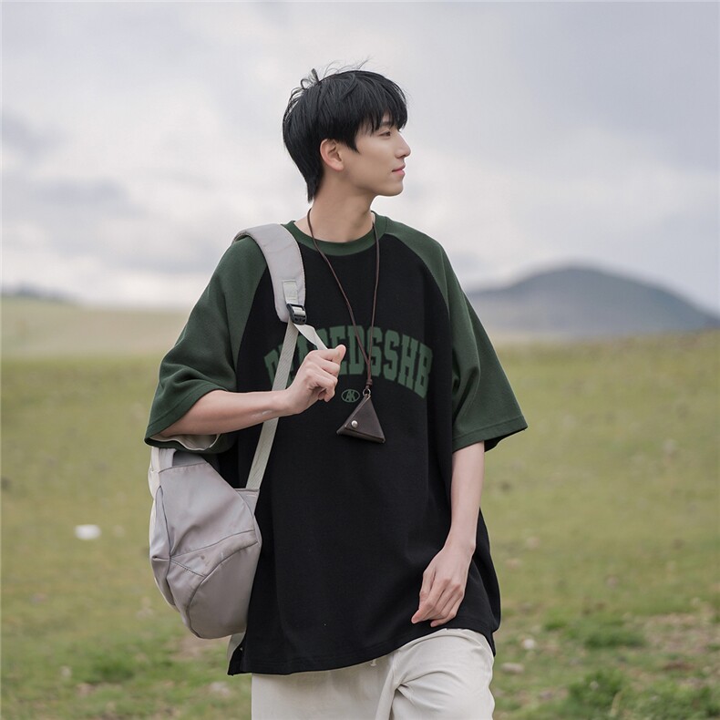 特批2025山系重磅华夫格撞色插肩袖圆领短袖T恤DT361P35控58,男装T恤,电商A247