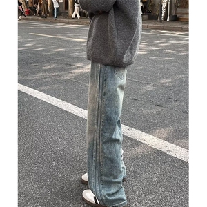 常规直脚潮秋季青少年潮流拉链时尚水洗做旧休闲牛仔裤高腰802图片