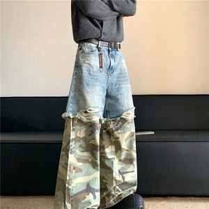 假两件拼接迷彩牛仔裤男图片