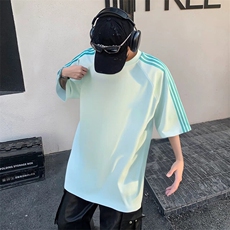 抖音得物品质二开240克宽松纯棉美式潮牌印花三条杠中性风短袖T恤，男装T恤，电商A486-1
