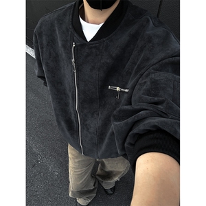 美式棒球服男秋高街痞帅扎染皮夹克设计感短款工装外套潮图片