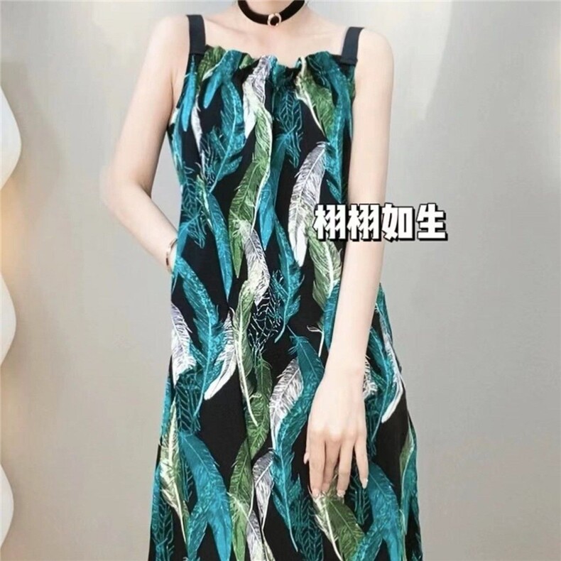 轻奢宽松长裙印花吊带女款夏季缎料无袖气质时尚外穿连衣裙潮,女装连衣裙,思沃羊绒