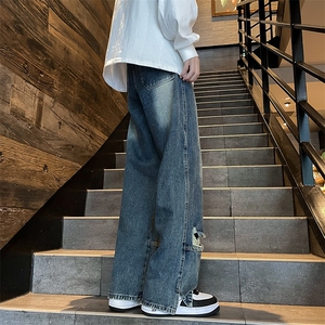 美式复古直筒破洞牛仔裤男女春秋设计感宽松阔腿长裤子N800-P48图片