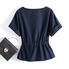 时尚女装V领短袖衬衫修身显瘦抽绳设计舒适百搭上衣，女装衬衫，水衣源