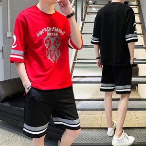 新款夏季潮牌五分裤两件套青少年运动休闲短袖T恤套装男F67P58图片