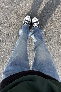 浅蓝色闪电纹牛仔裤男春秋季高个子显瘦直筒修身cleanfit微喇裤子图片