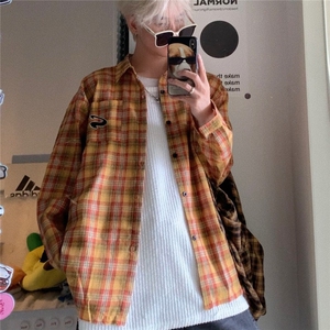 夏款黄色格子单排扣翻领衬衫男宽松百搭长袖上衣 CS04图片