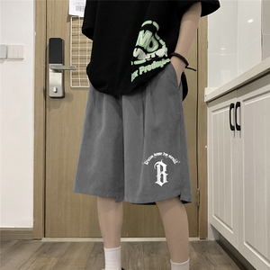 港风 23夏季宽松鹿皮绒印花纯色运动裤男女短裤K6105 P25控38图片