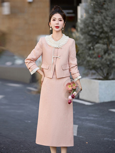春季2024年新款蕾丝拼接中式名族风盘扣小香风套装裙女两件套长裙图片