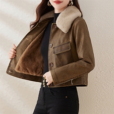 复古磨砂加绒小皮衣女修身短款2023冬季新款配毛领机车服pu皮夹克，女装皮衣，潮流依族